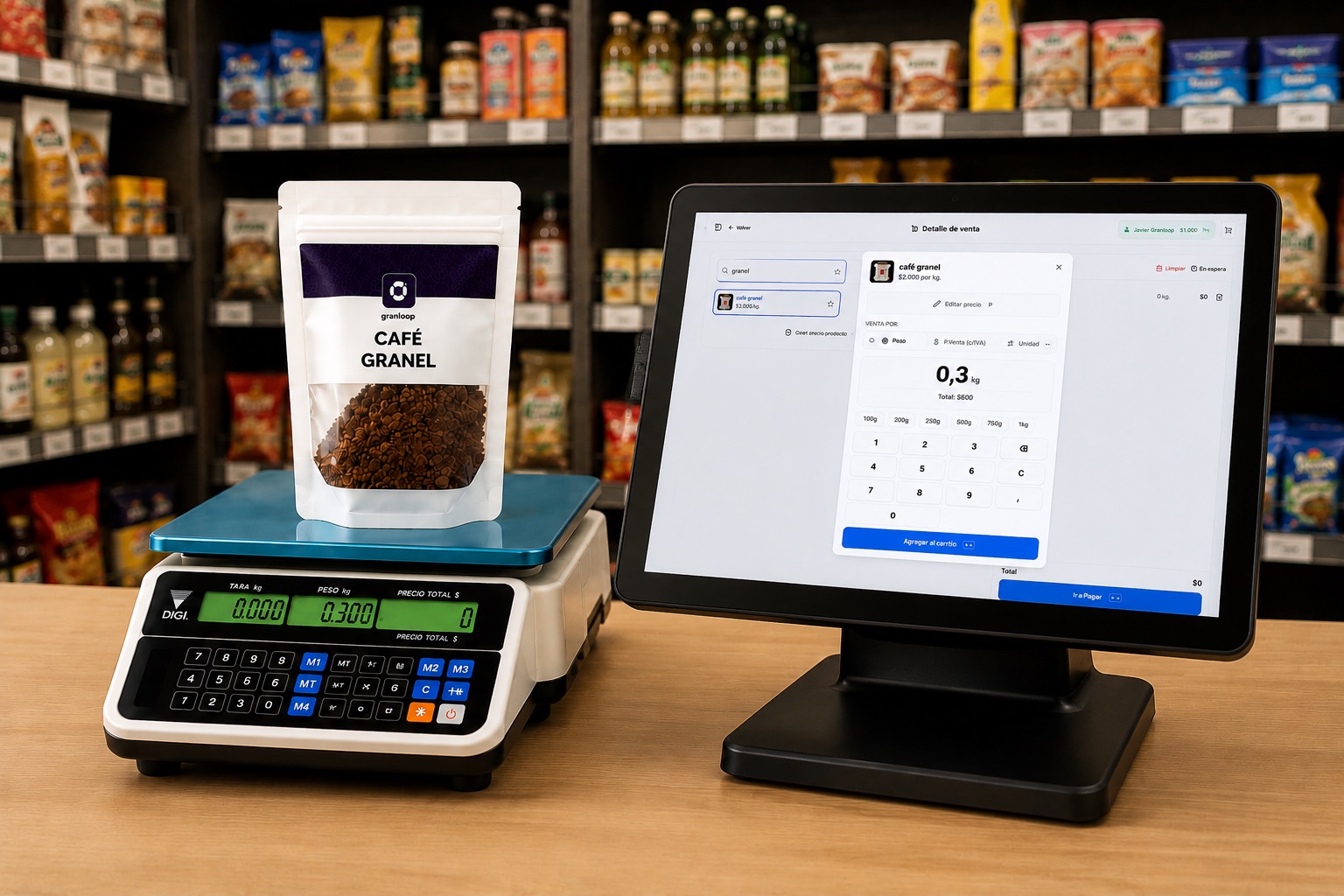 Balanza conectada al POS GranLoop mostrando el peso de un café granel y el precio calculado automáticamente en la pantalla de venta