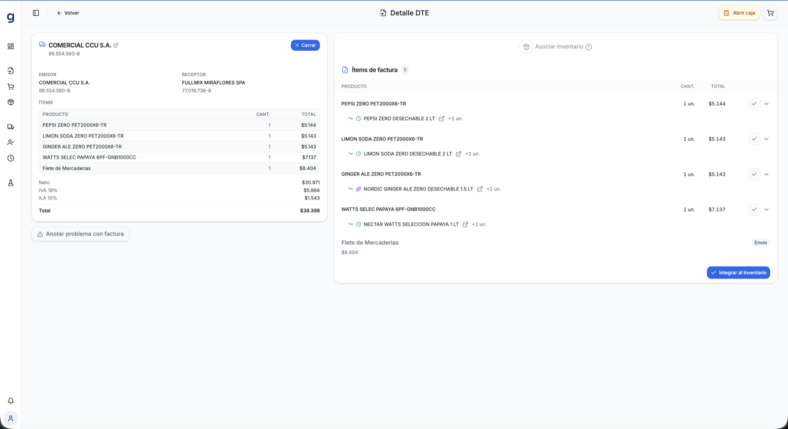 Captura real de GranLoop asociando los productos de una factura del SII con el inventario