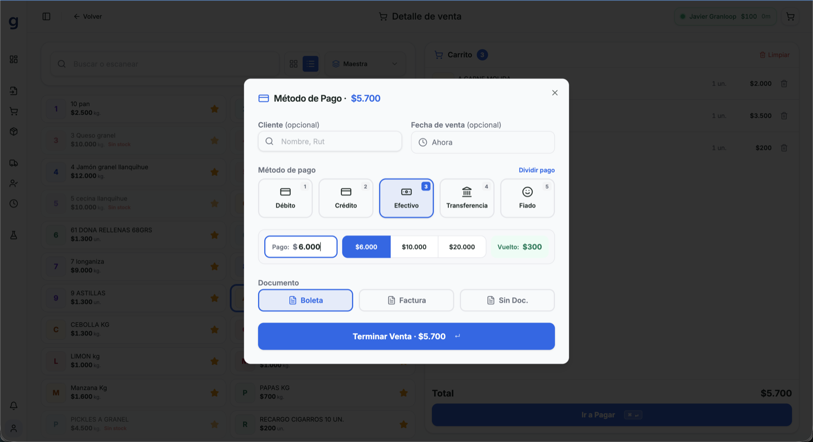 Selección de método de pago en el POS de GranLoop con boleta y factura