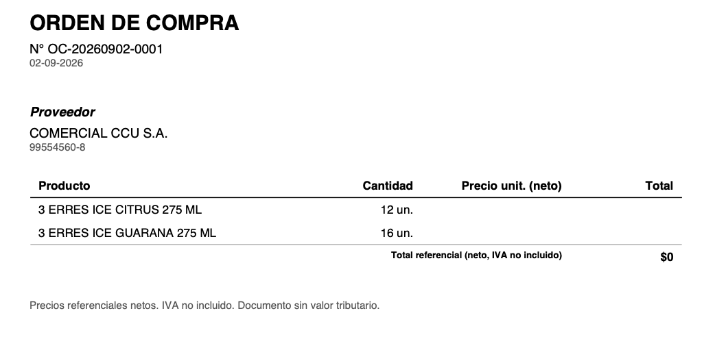 Orden de compra generada por GranLoop en PDF, con número correlativo, fecha, razón social y RUT del proveedor, el detalle de productos con cantidades y la nota de que es un documento sin valor tributario