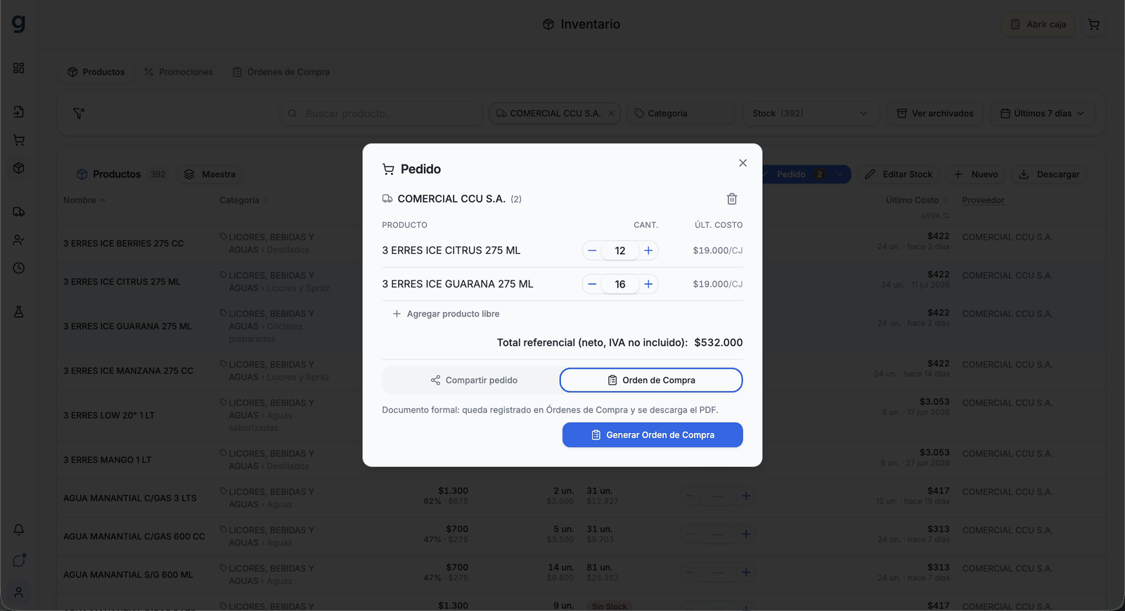 Ventana de pedido en GranLoop con los productos seleccionados de un proveedor, sus cantidades editables, el último costo de cada uno, el total referencial neto y el botón para generar la orden de compra