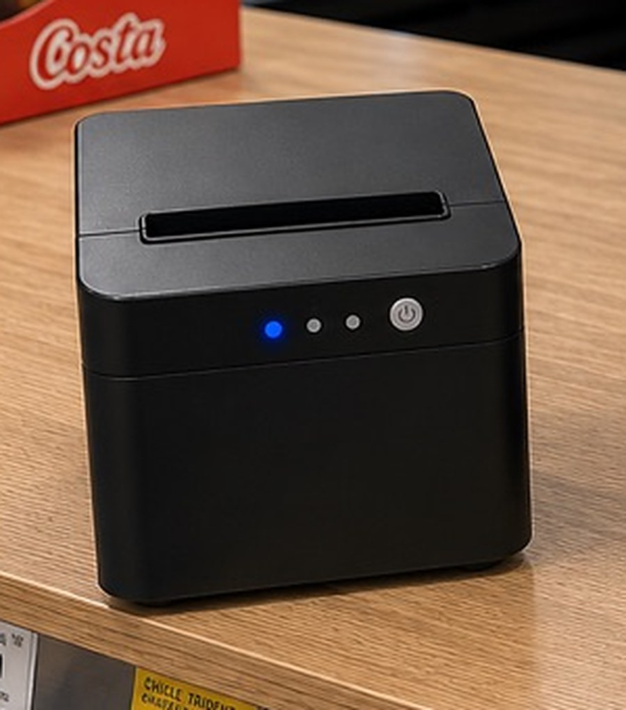 Impresora térmica de boletas de 80mm sobre el mesón de un minimarket, conectada al punto de venta GranLoop