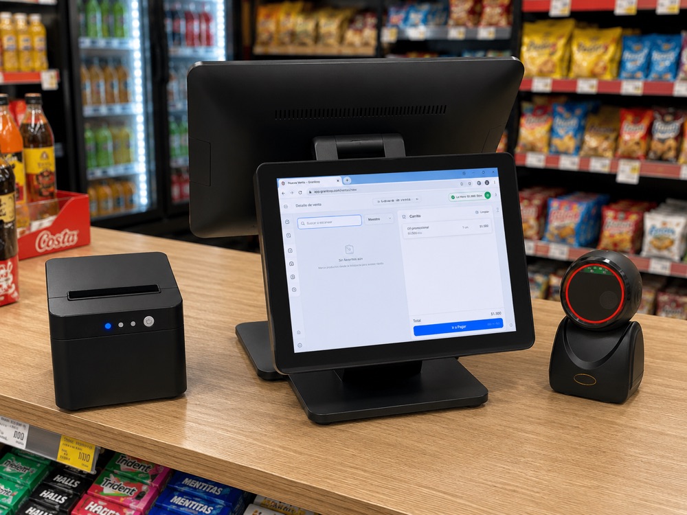 Touch pantalla doble: punto de venta para minimarket con pantalla táctil y segunda pantalla para el cliente, lector omnidireccional e impresora térmica